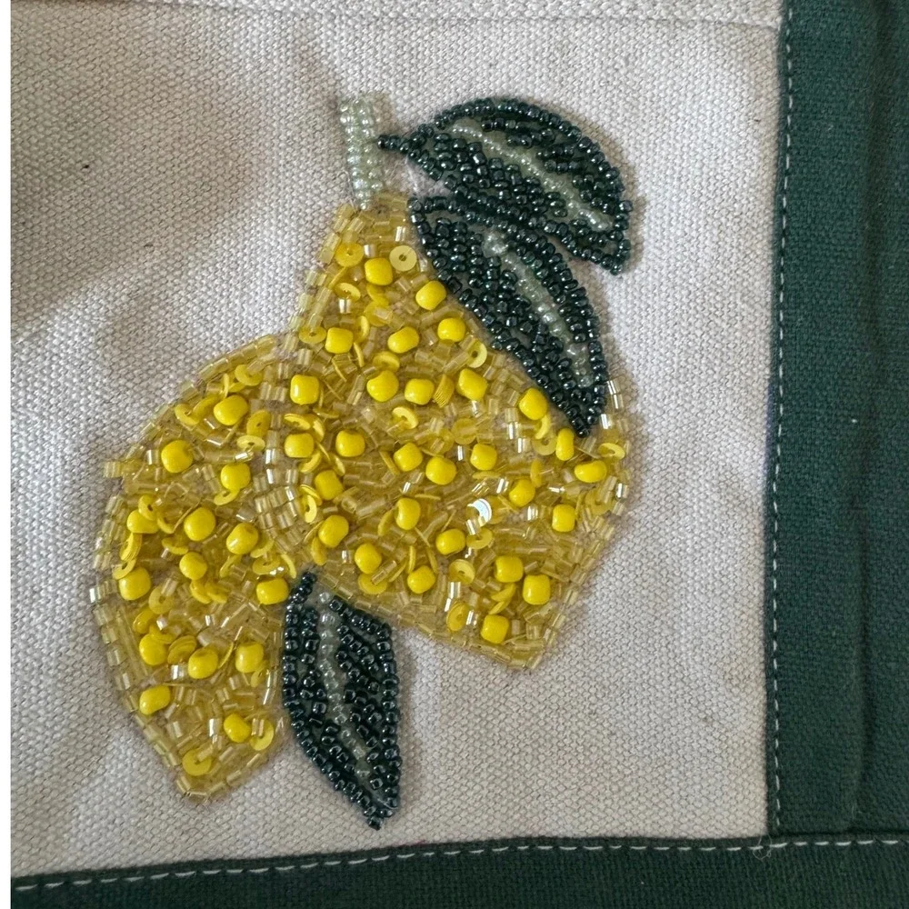 Viral‎ Beaded Farm Market Lemon Canvas Small Tote Green Base Assorted Bead Pouch